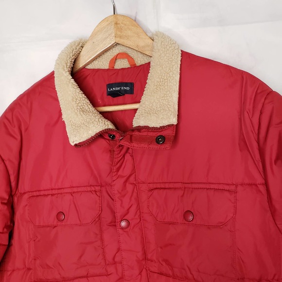 LANDS' END Men's Red Puffer Zipper Up Snap Button Jacket Coat L - Picture 4 of 12